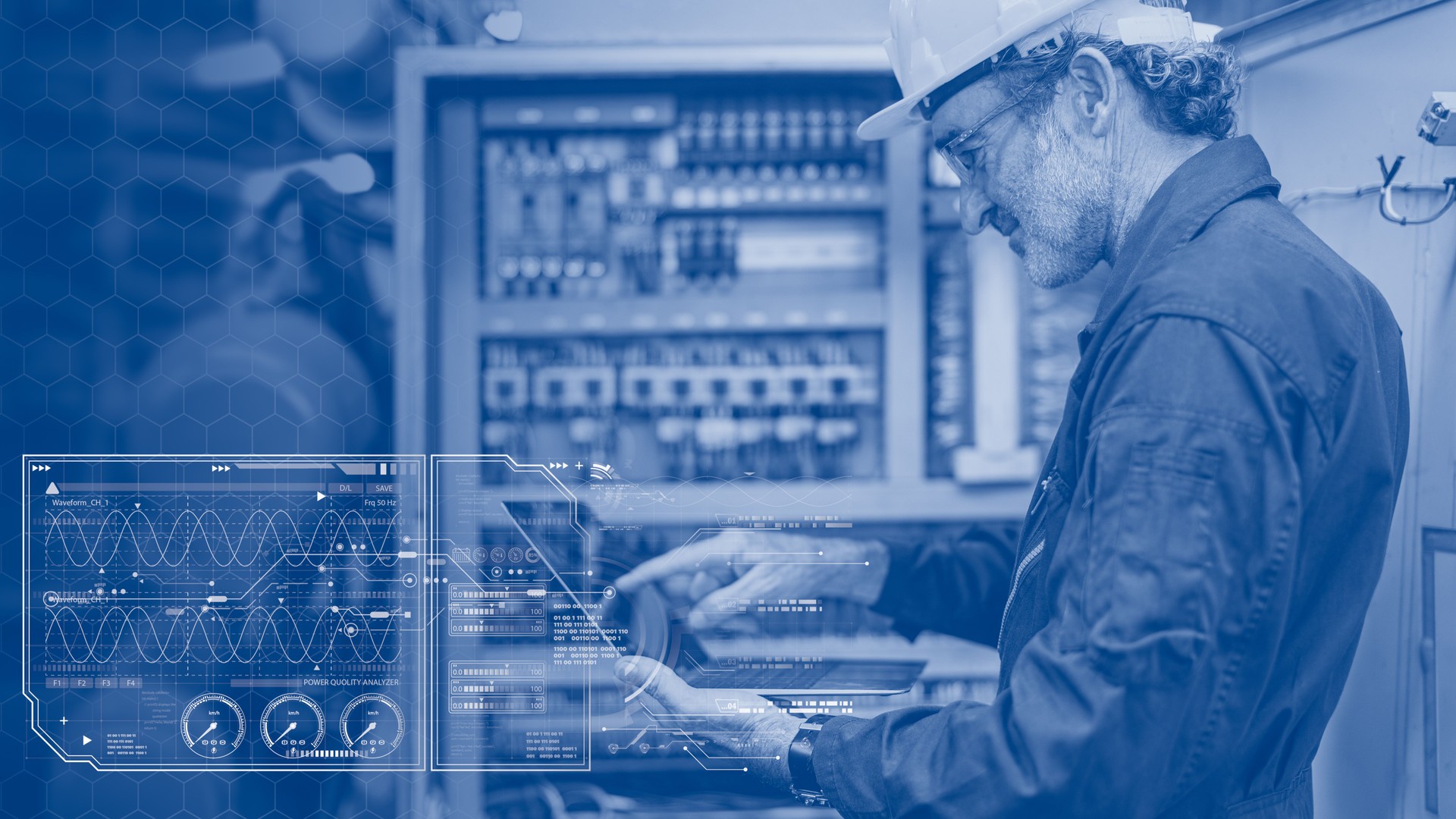 Electricity engineer work using AI computer software control monitor power consumption analyzing