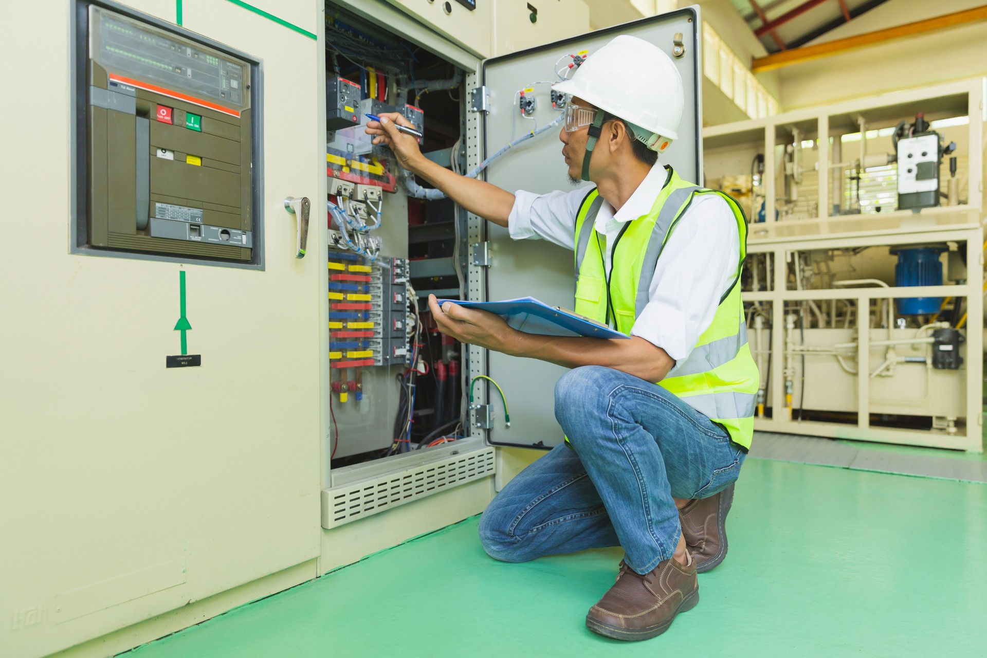 A helmeted technician holds a clipboard while checking and taking notes on the electrical control cabinet.